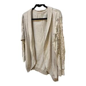 Soft Surroundings Beige Open Front 100% Cotton Lace Beaded Cardigan Size Medium